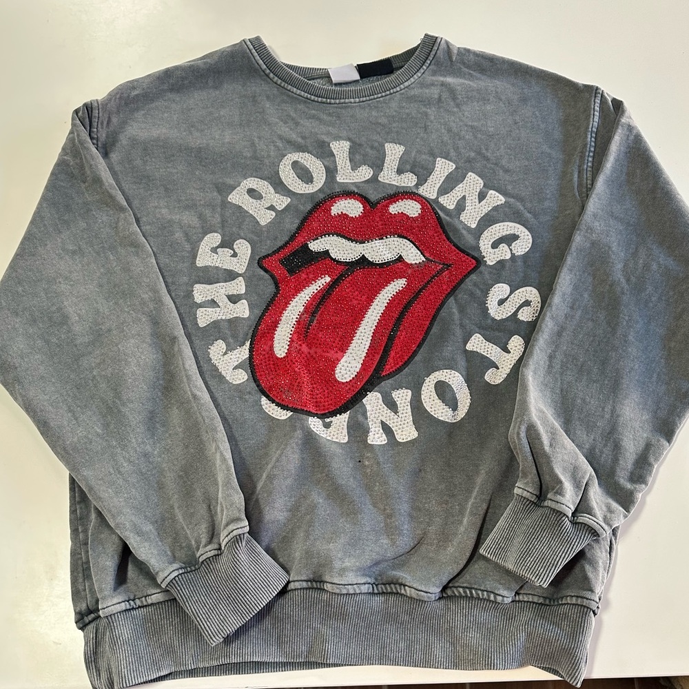 Zara Bedazzled Charcoal Rolling Stones Graphic Sweater